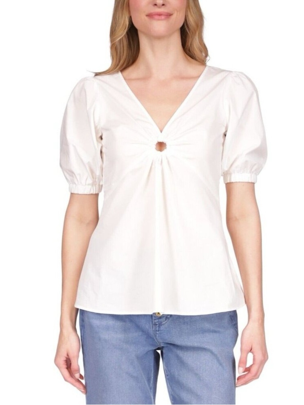 Michael Kors Puff Sleeve Front Ring Cotton Top White Blouse Size Medium